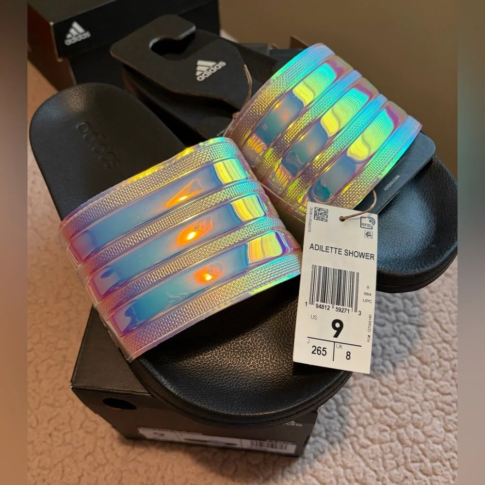 Brand New Adidas Multi-Color Slide Sandals with Black Footbed.